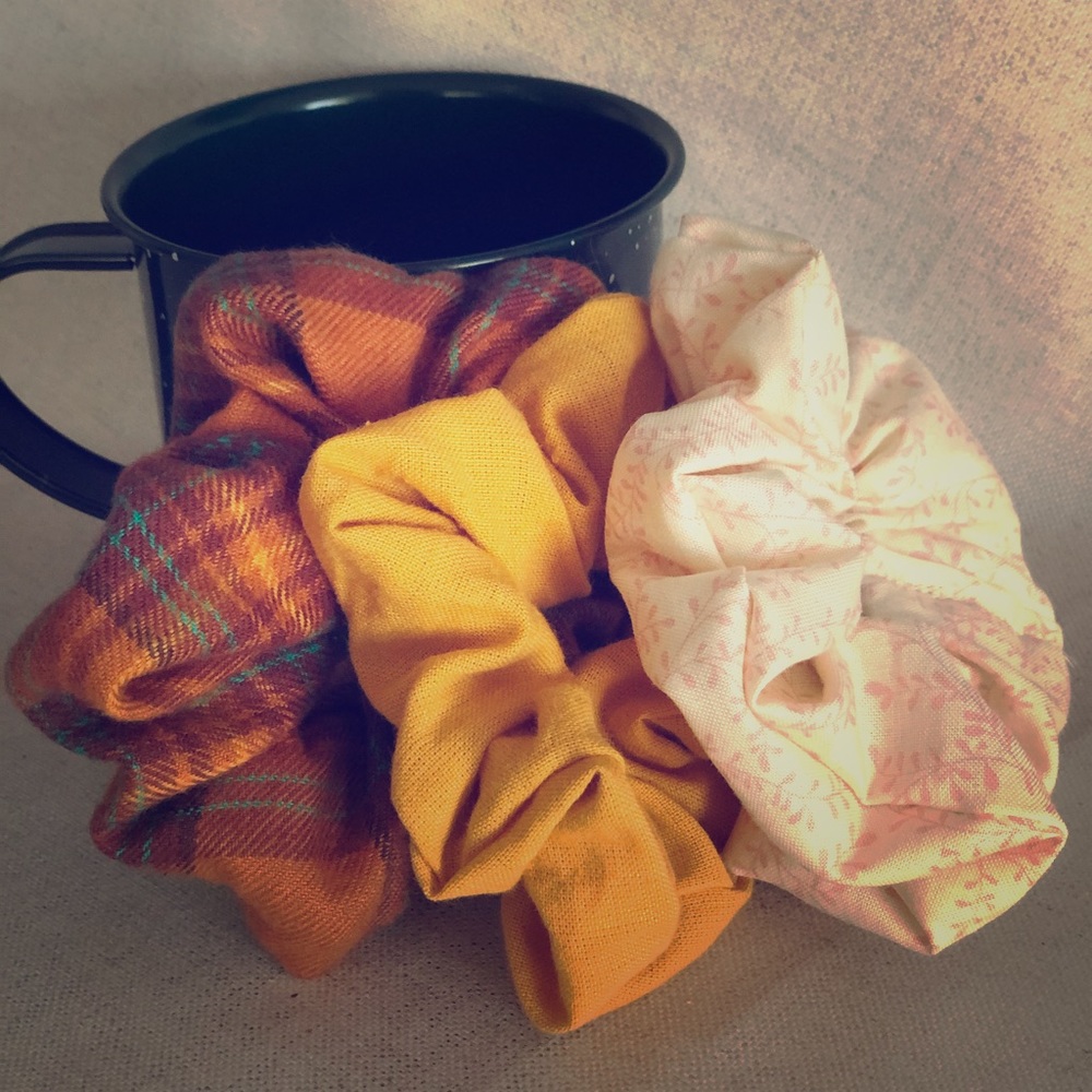 Fall Scrunchie Set - 3 Pack Plaid, Yellow, Floral